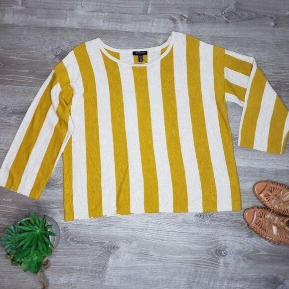 Kenneth Cole NWT Womens Mustard yellow Cream Striped Sweater 3/4 sleeve Size XL - Picture 1 of 6